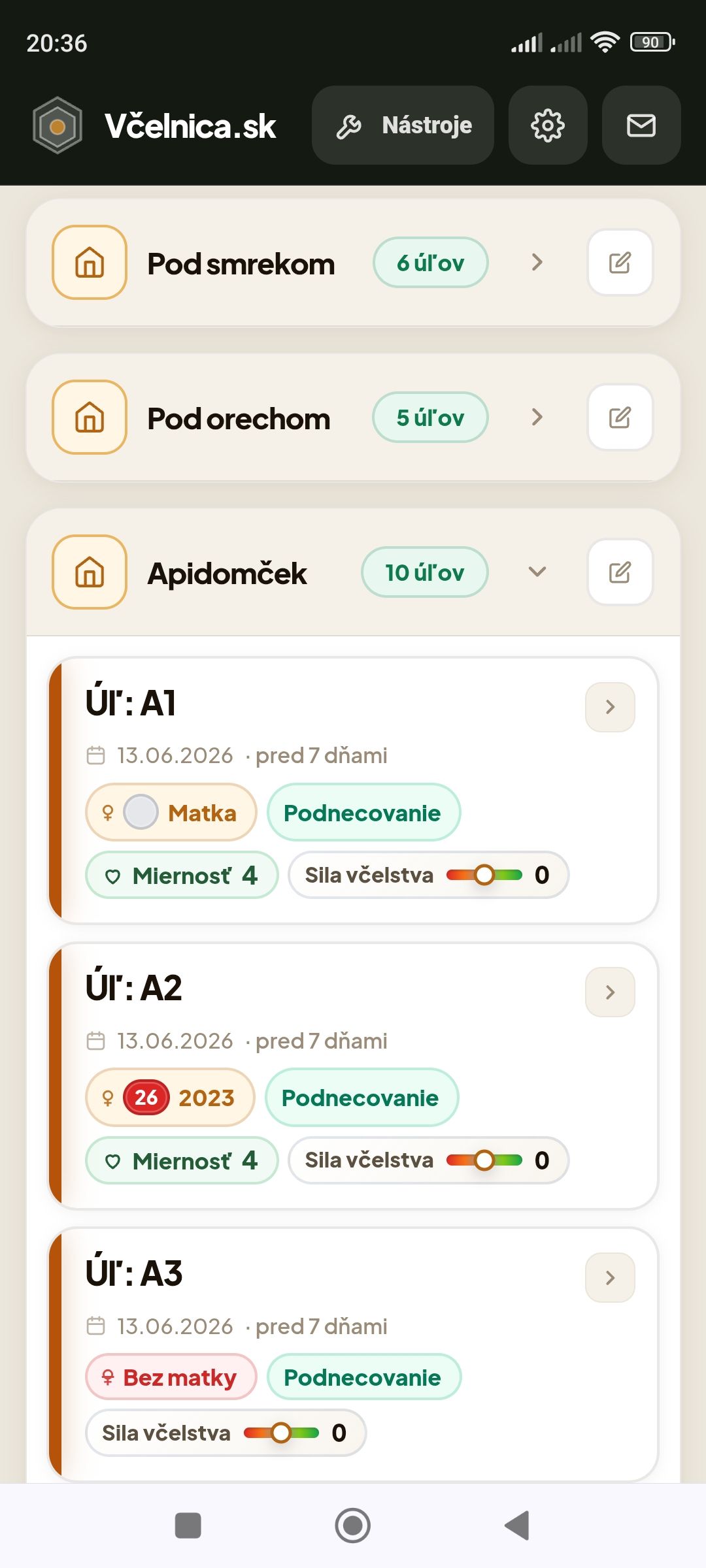 Prehľad úľov so stavmi, upozorneniami a silou včelstva